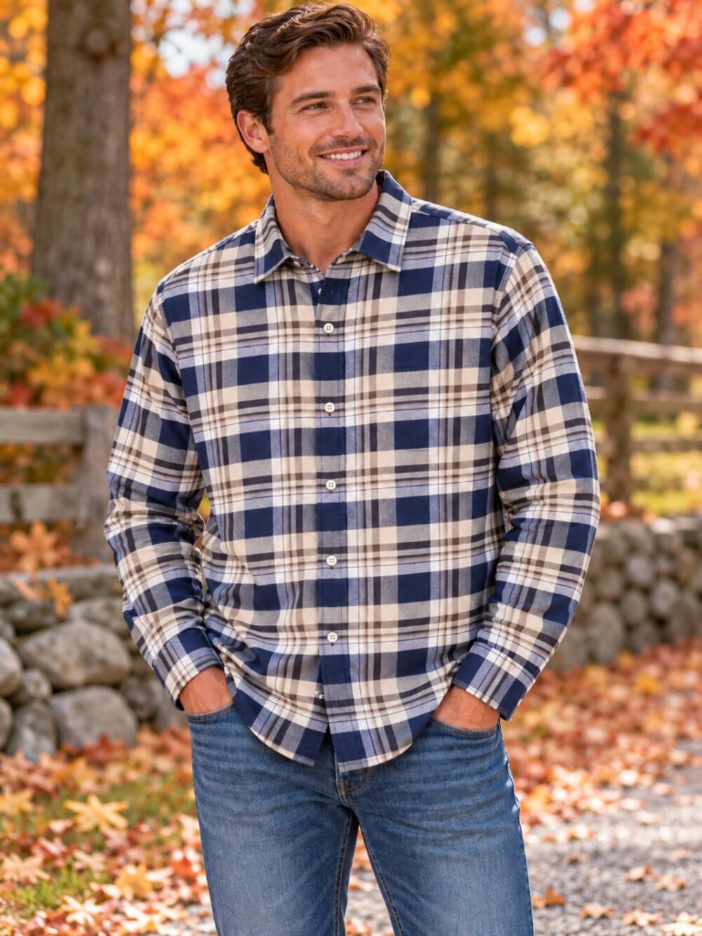 VAN HEUSEN Never Tuck Reg. Fit Men's Flannel Shirt Button-Up Navy Plaid NWOT M
